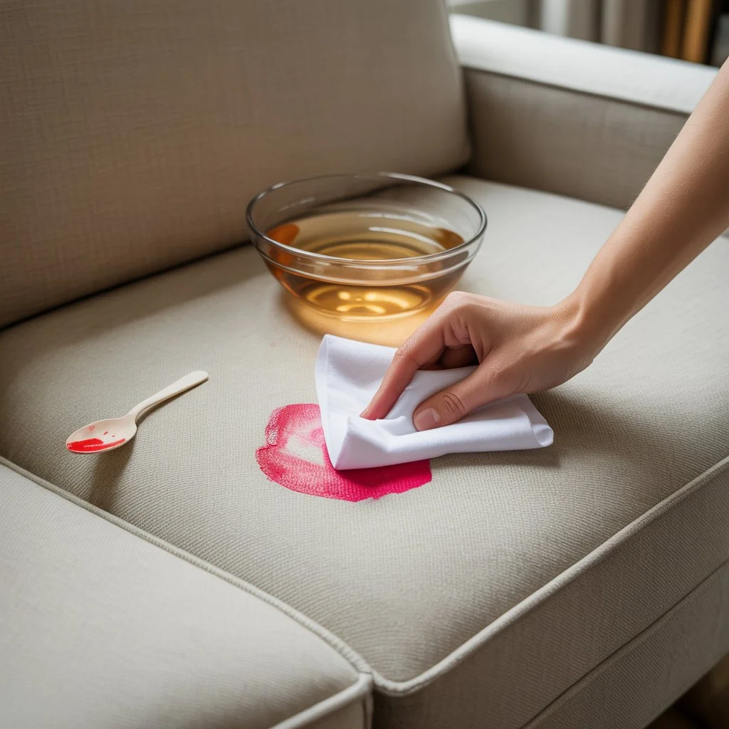 لکه رژ لب روی مبل پارچهای و فردی که در حال تلاش برای پاک کردن آن با مایع ظرفشویی و آب گرم است