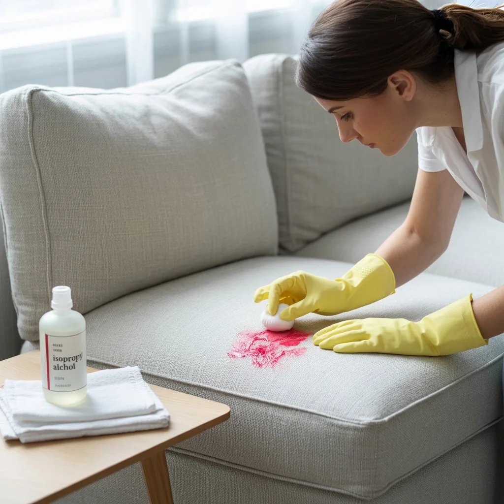 پاک کردن لکه رژ لب روی مبل پارچهای با الکل ایزوپروپیل و پنبه